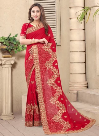 Embroidered Silk Designer Saree in Red