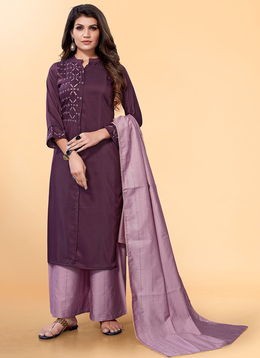 Embroidered Silk Purple Designer Palazzo Suit