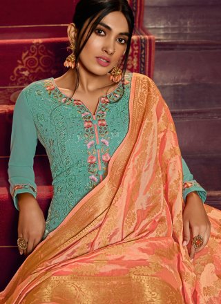 Embroidered Turquoise Faux Georgette Designer Palazzo Salwar Kameez