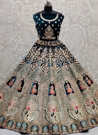 Embroidered Velvet Rama Lehenga Choli