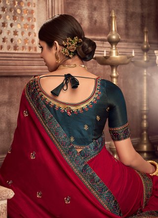Embroidered Vichitra Silk Classic Designer Saree in Red