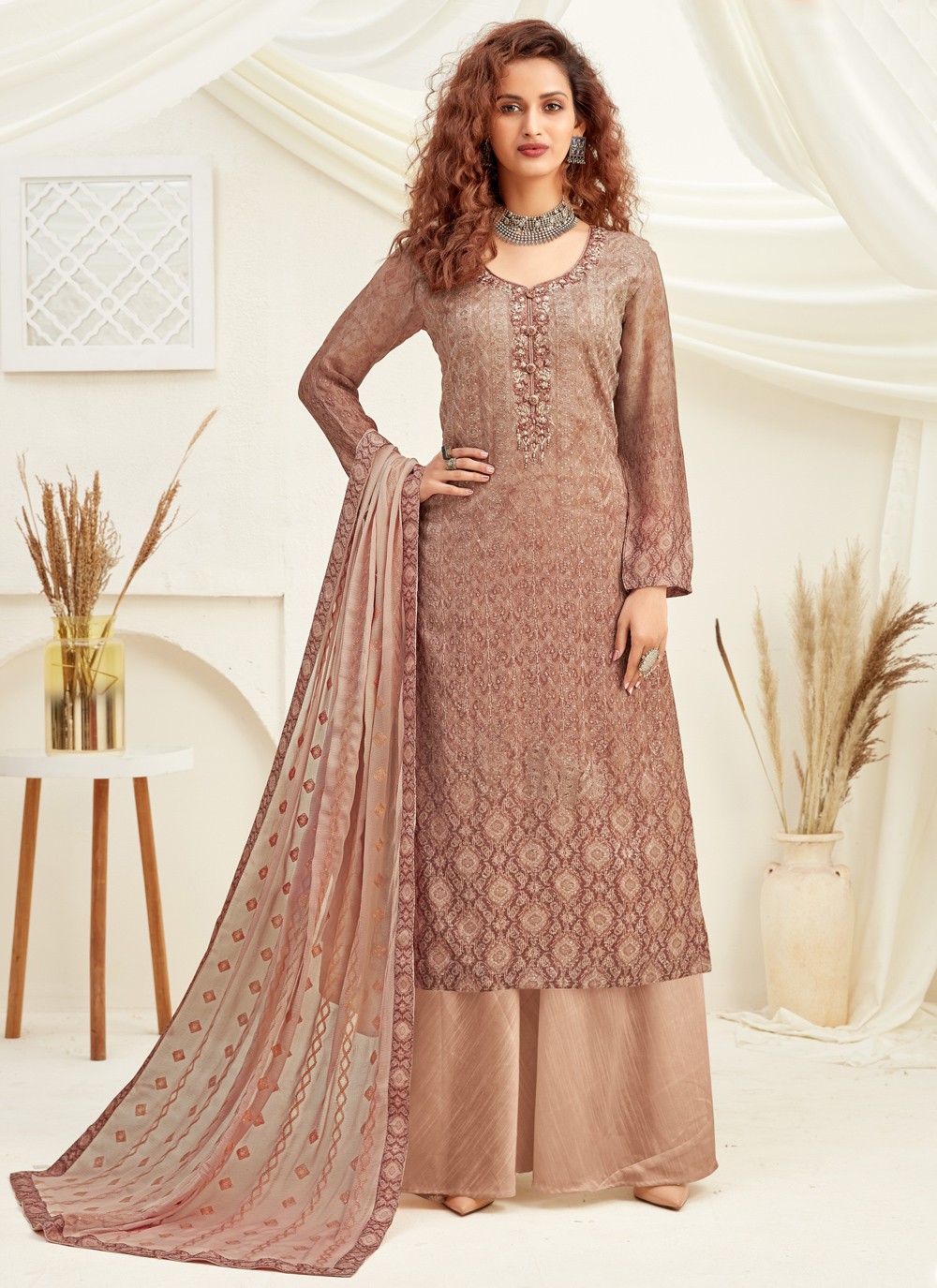 Shop Online Embroidered Viscose Designer Palazzo Suit in Beige 178745 Salwar Kameez