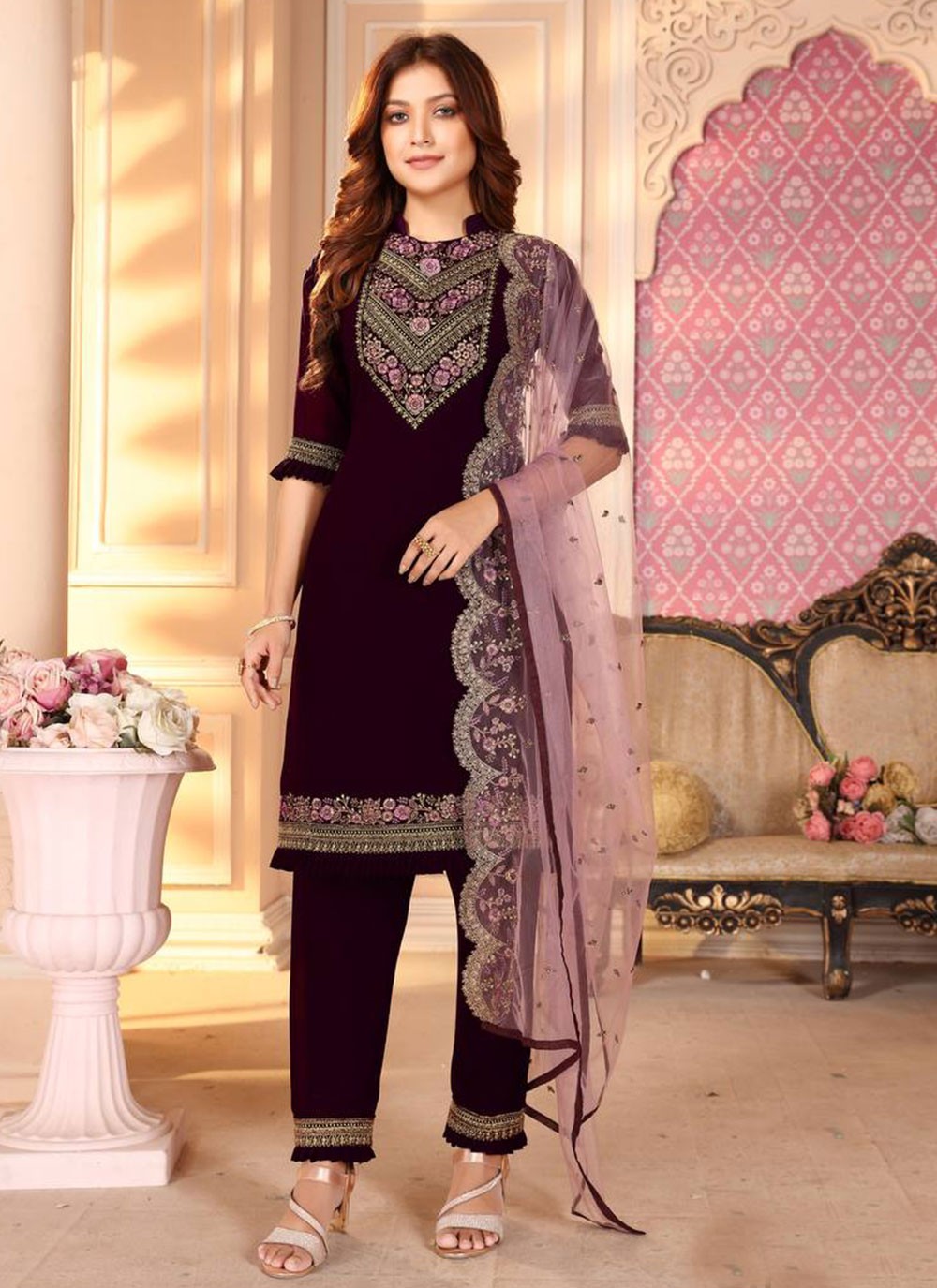 Embroidered Wine Faux Georgette Pant Style Suit