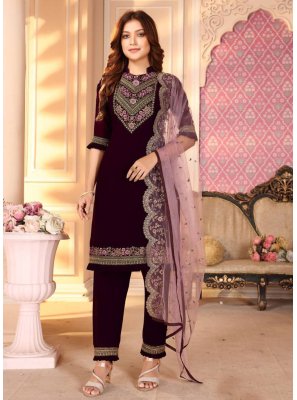 Embroidered Wine Faux Georgette Pant Style Suit