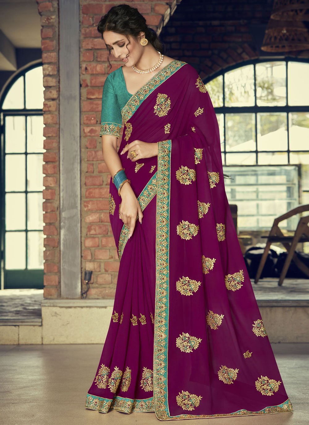 Embroidered Wine Traditional Saree
