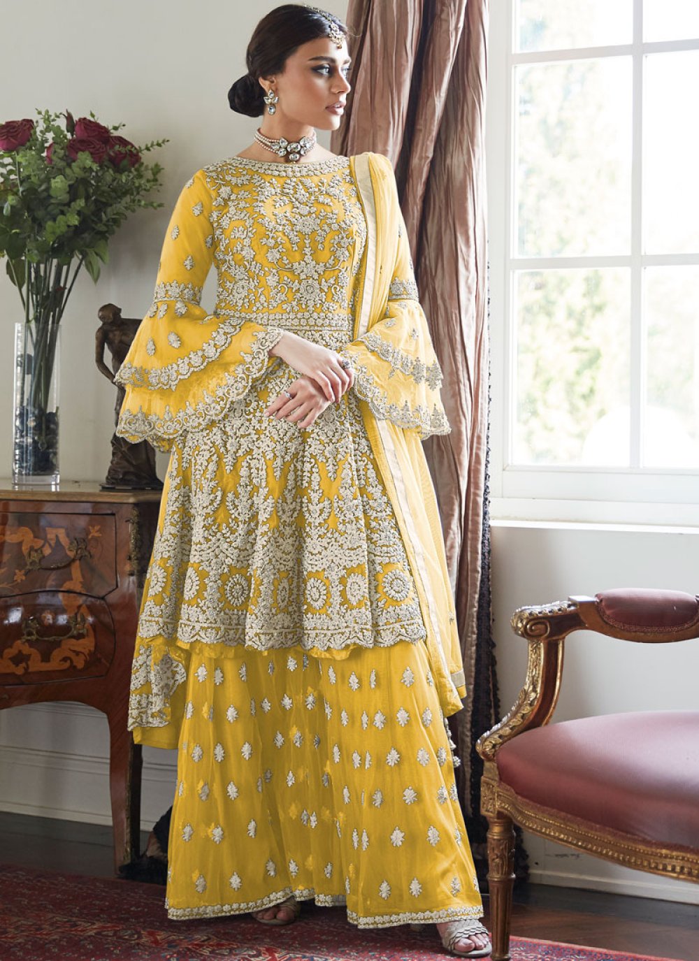 Embroidered Yellow Net Designer Palazzo Suit