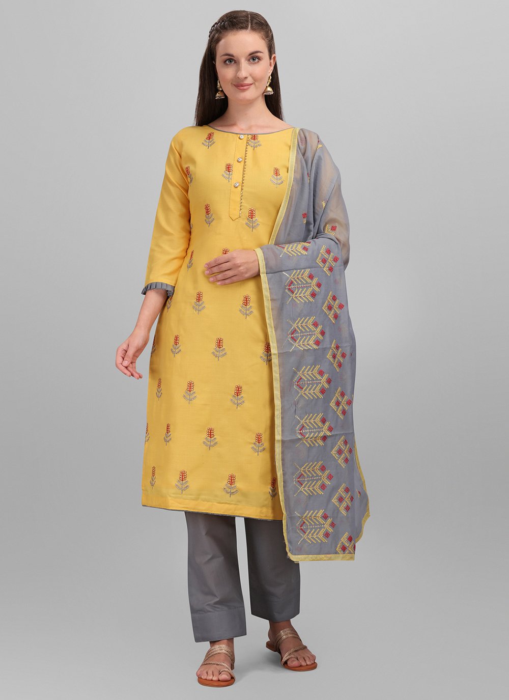 Embroidered Yellow Pant Style Suit 