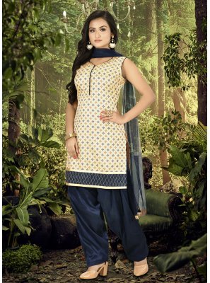 Fancy Banarasi Silk Designer Patiala Suit in Cream and Navy Blue
