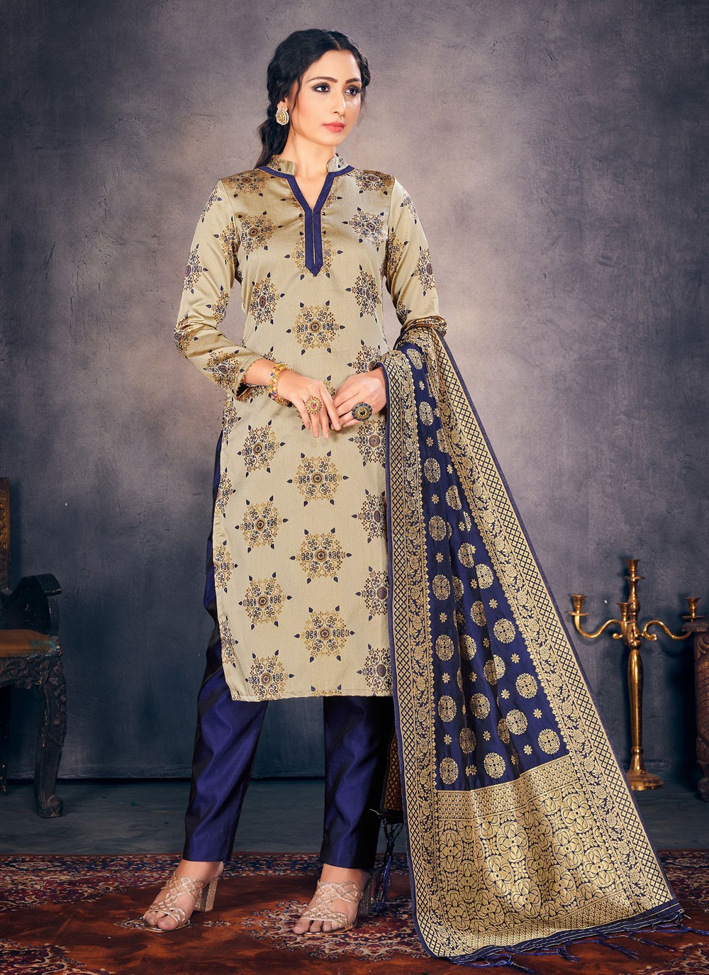 Fancy Beige Banarasi Silk Pant Style Suit