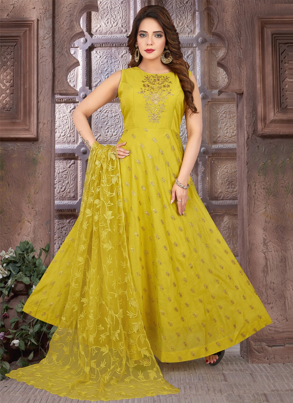 Mahendi Green Floral Digital Printed Chanderi Anarkali Style Suit