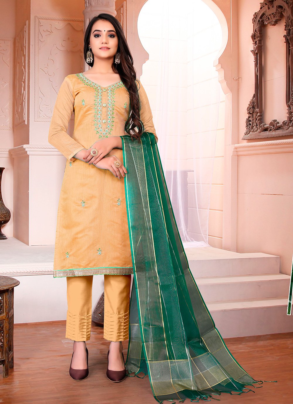 Fancy Chanderi Pant Style Suit in Yellow