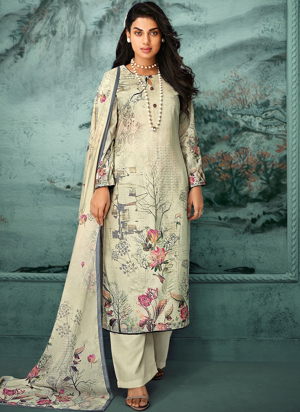 Fancy Fabric Digital Print Cream Designer Palazzo Salwar Suit