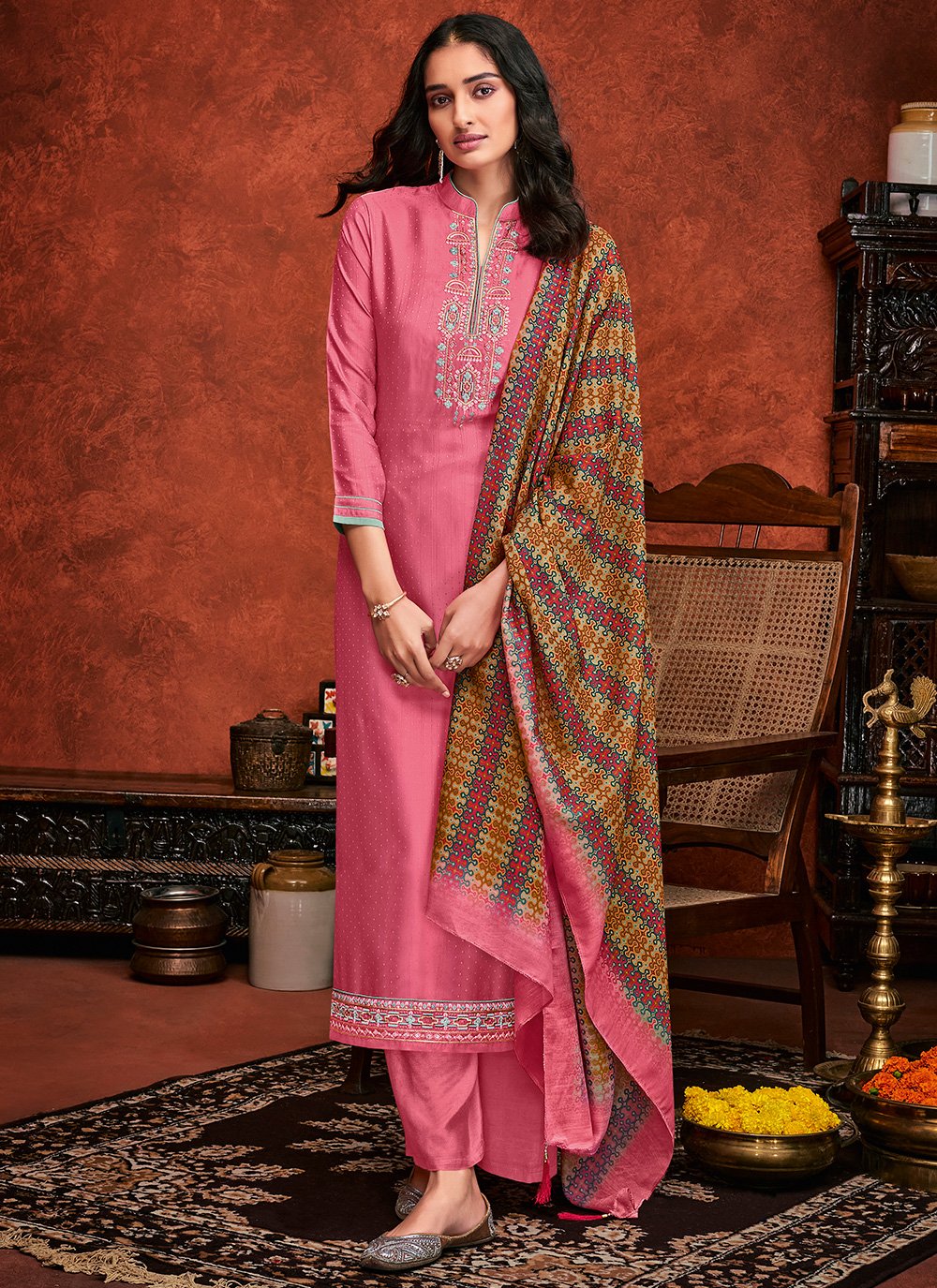 Fancy Fabric Embroidered Pink Designer Palazzo Suit