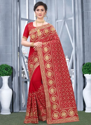 Fancy Fabric Embroidered Traditional Designer Saree in Red