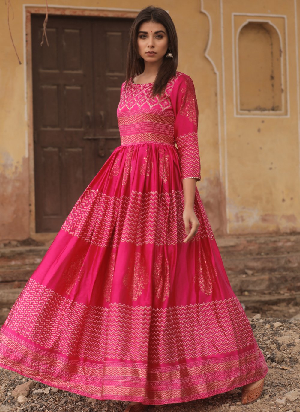 Fancy Fabric Fancy Designer Gown in Hot Pink buy online - Gown