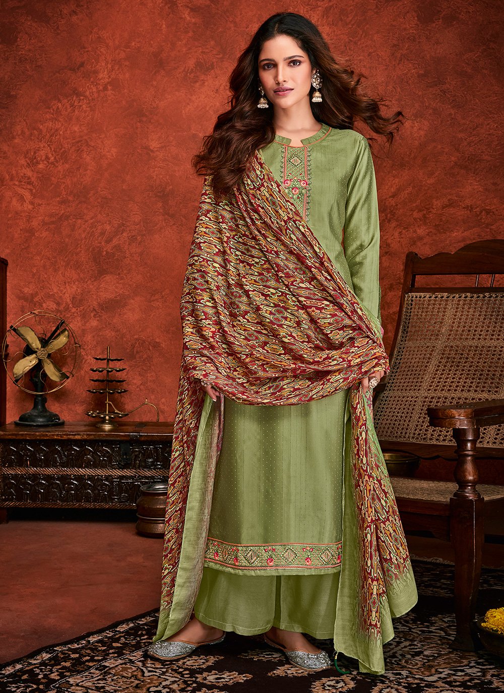 Fancy Fabric Green Embroidered Designer Palazzo Suit
