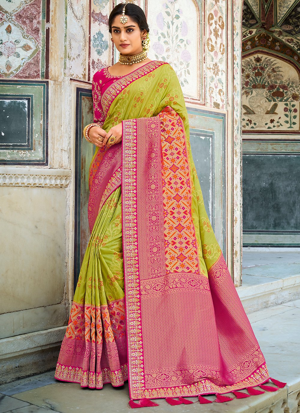 Peach and Mehndi Patola Silk Designer Saree