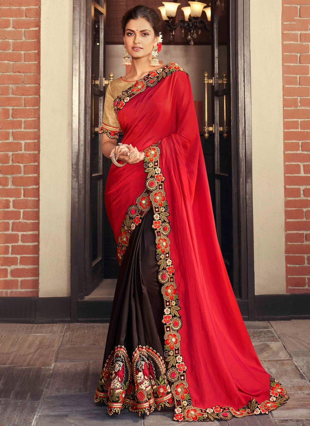 Fancy Fabric Patch Border Brown and Red Half N Half Designer Saree