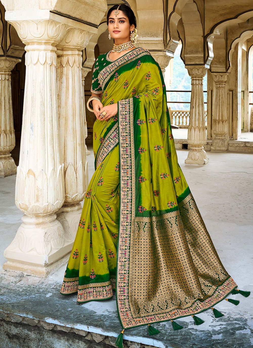 Fancy Fabric Patch Border Green Designer Saree