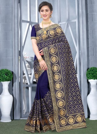 Fancy Fabric Traditional Designer Saree in Navy Blue