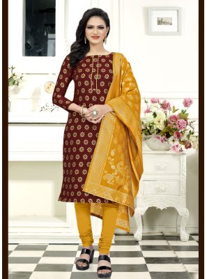 Fancy Fabric Weaving Churidar Suit in Maroon