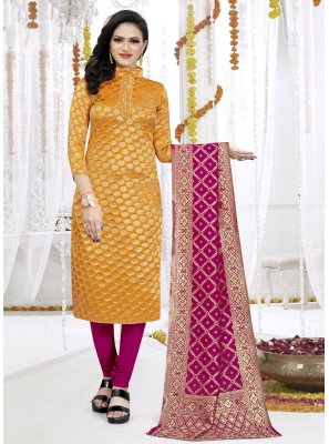 Fancy Fabric Weaving Yellow Churidar Suit
