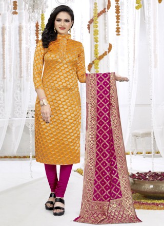 Fancy Fabric Weaving Yellow Churidar Suit