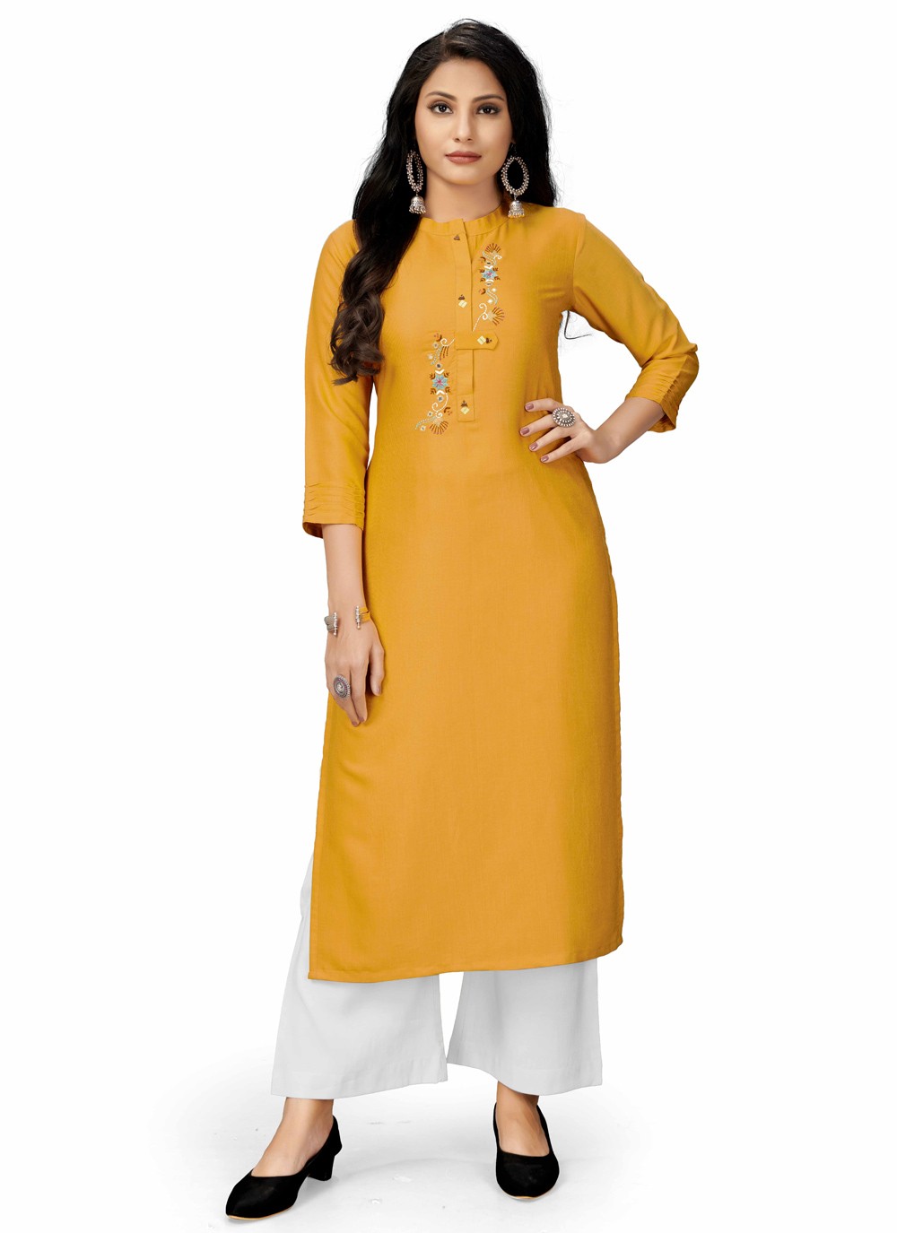 Yellow Faux Georgette Fancy Bell Sleeves Kurti With Straight Pant