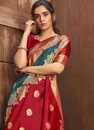 Fancy Jacquard Silk Classic Designer Saree in Rama and Red