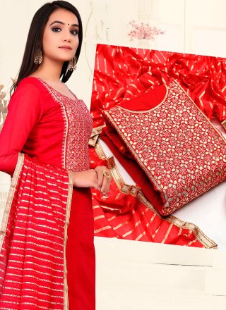 Fancy Red Chanderi Pant Style Suit