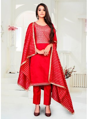 Fancy Red Chanderi Pant Style Suit