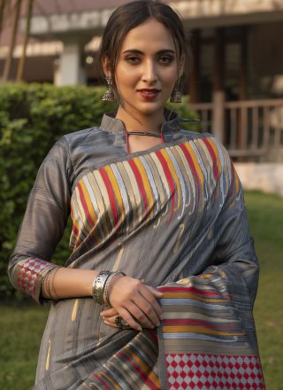 Fancy Tussar Silk Grey Designer Traditional Saree
