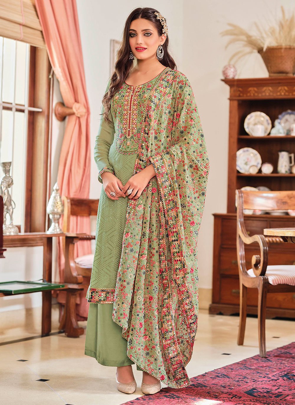 Faux Chiffon Green Embroidered Designer Pakistani Salwar Suit
