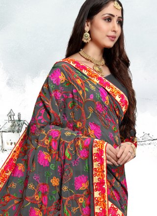 Faux Chiffon Grey Embroidered Designer Traditional Saree