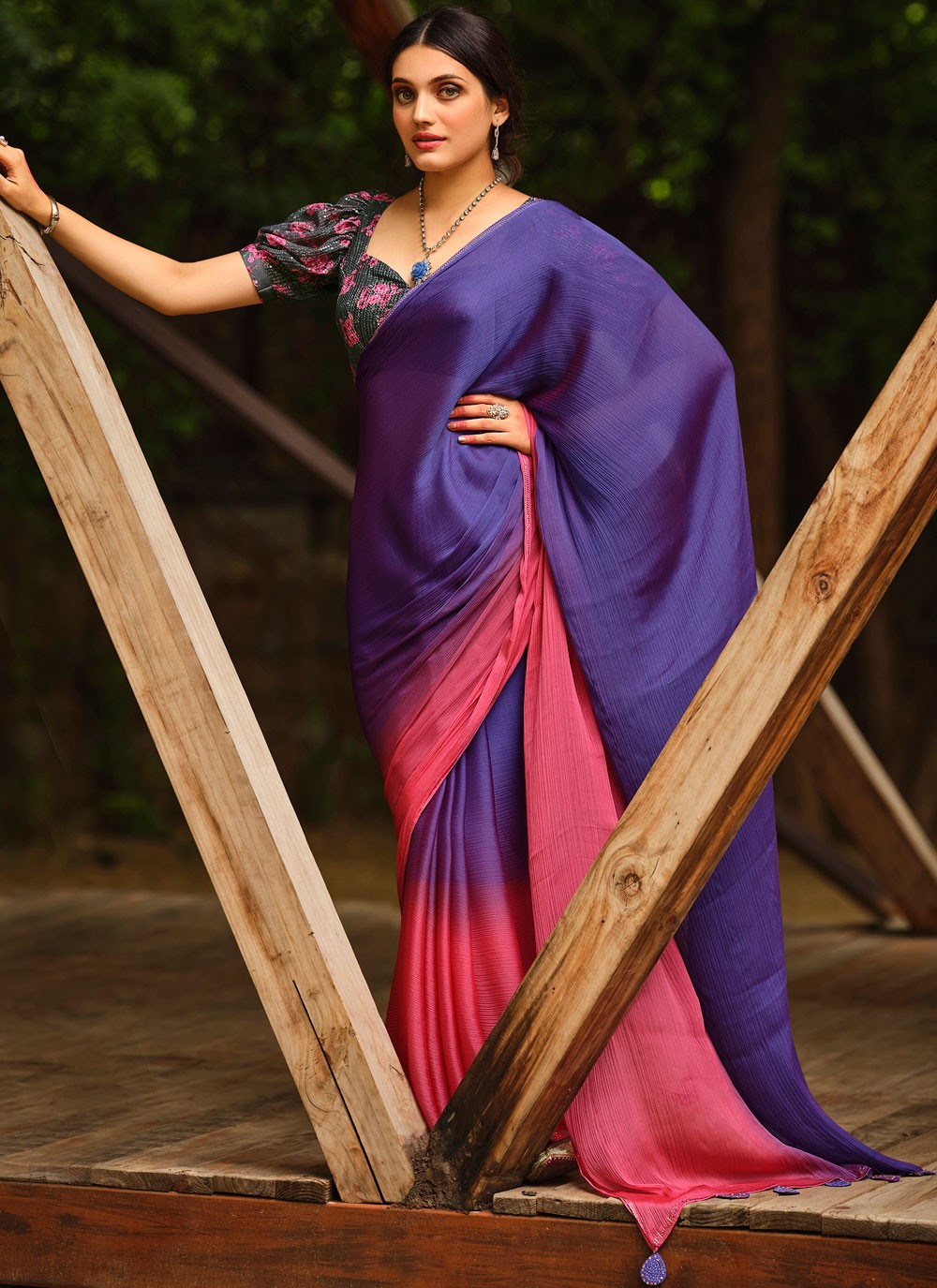 Faux Chiffon Sequins Shaded Saree in Blue and Pink