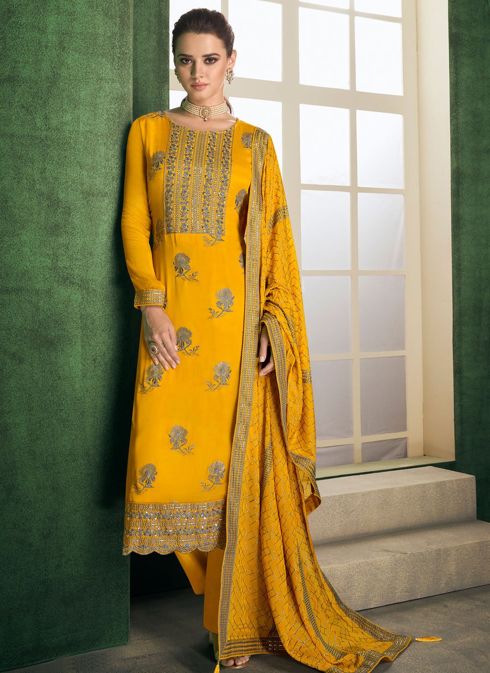 Faux Chiffon Yellow Embroidered Designer Straight Suit