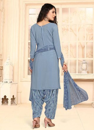 Faux Crepe Blue Punjabi Suit