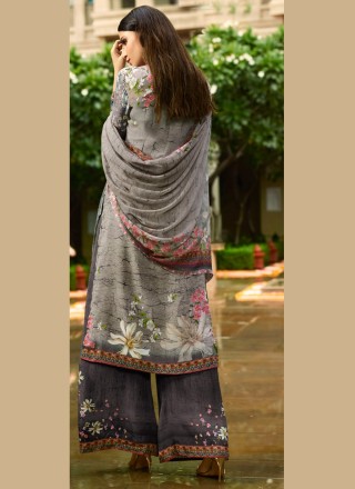 Faux Crepe Digital Print Grey Designer Pakistani Suit