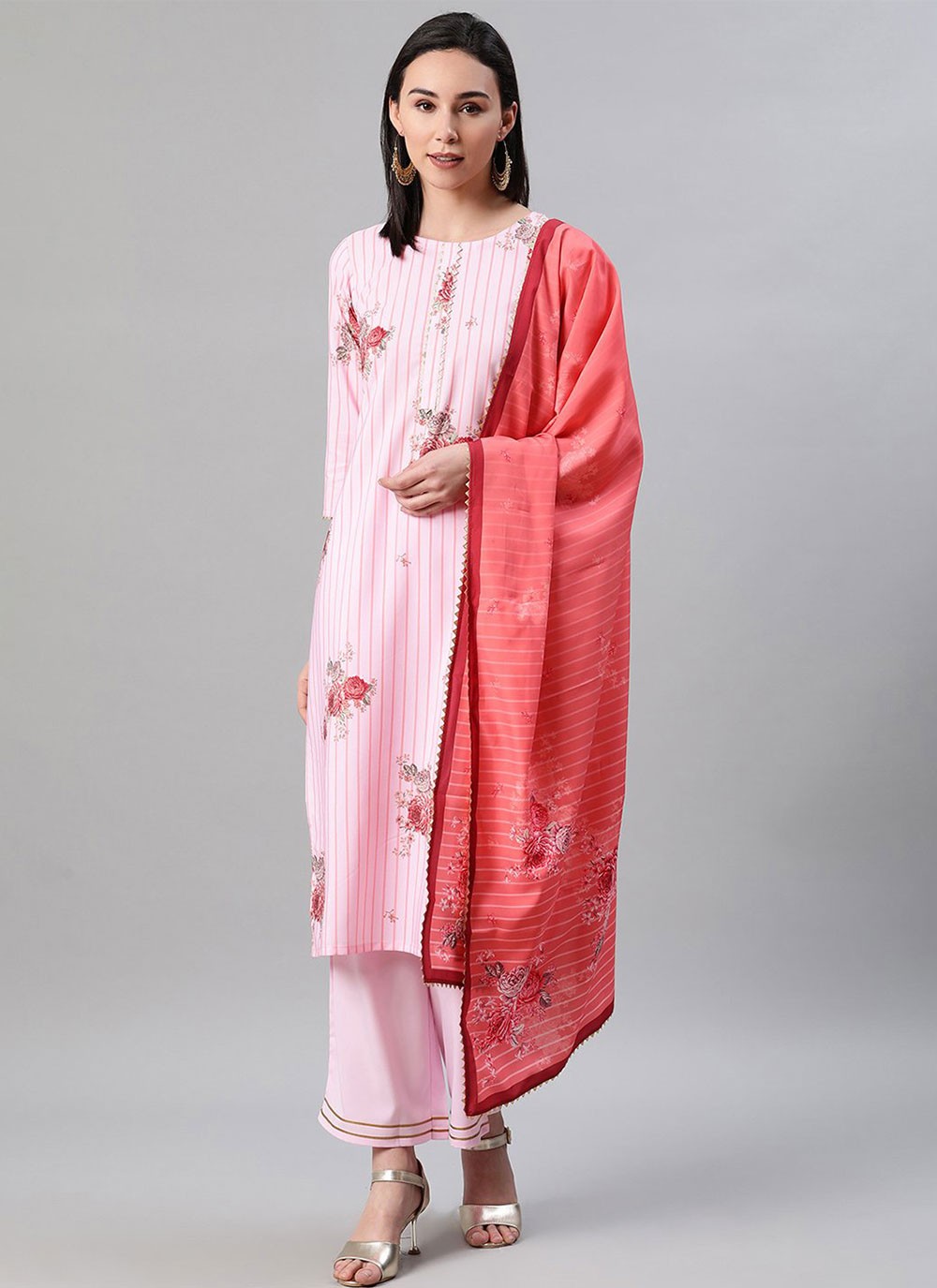 Faux Crepe Print Pink Designer Palazzo Suit