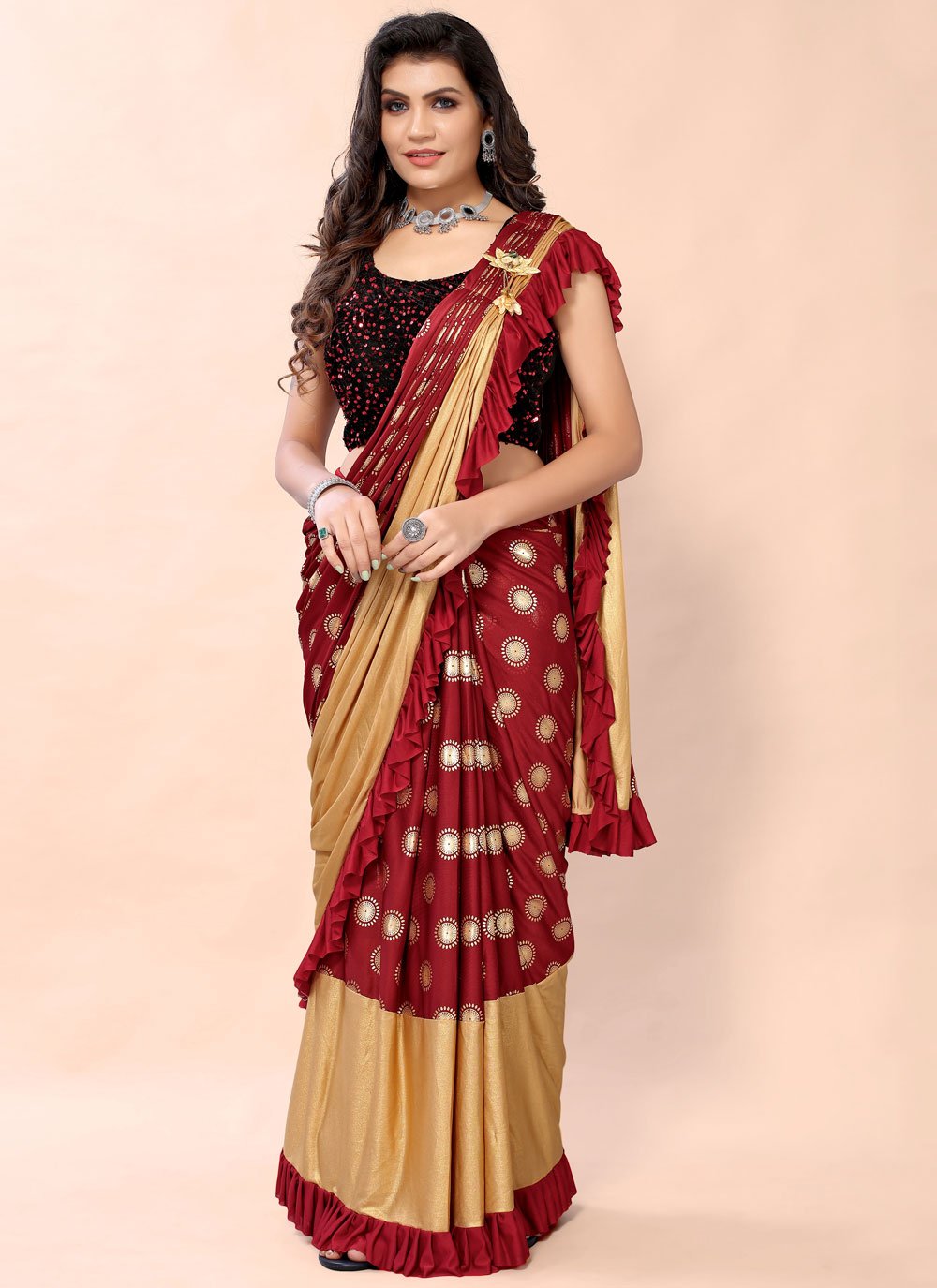 Faux Crepe Ready Pleated Saree in Maroon