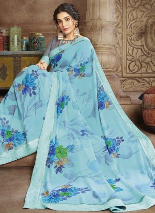 Faux Georgette Abstract Print Blue Casual Saree