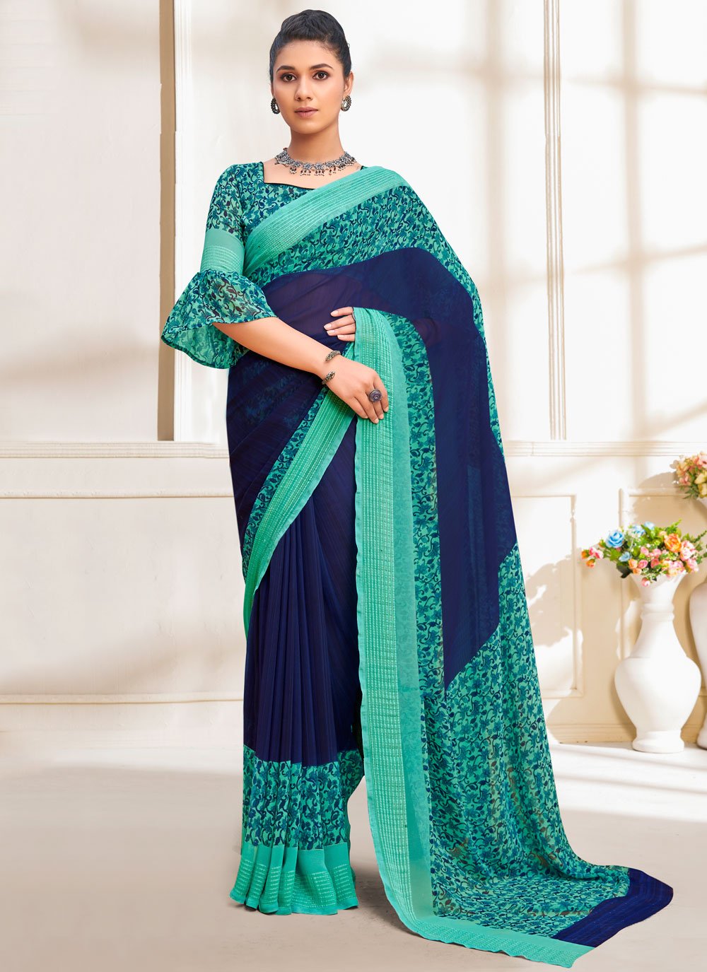 Faux Georgette Abstract Print Blue Saree