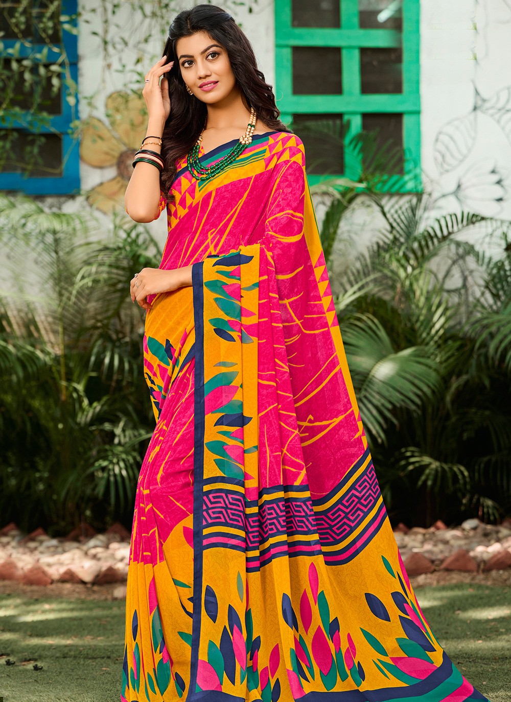 Faux Georgette Abstract Print Multi Colour Casual Saree