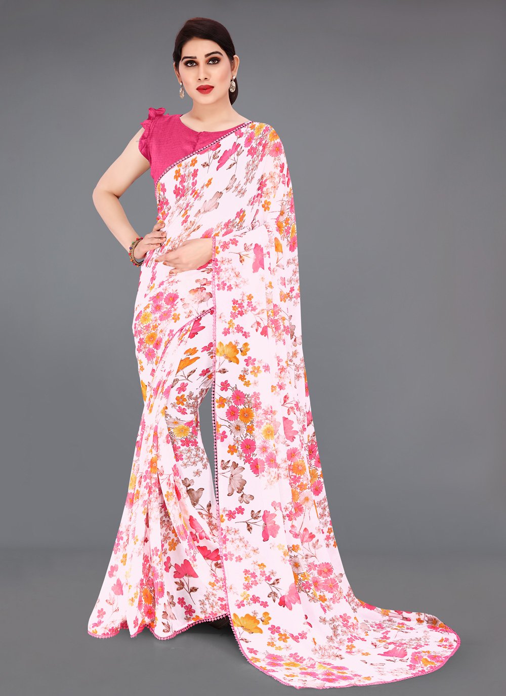 Faux Georgette Abstract Print Off White and Pink Printed Saree