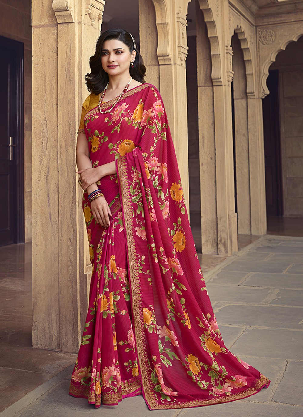 Buy Online Faux Georgette Abstract Printed Saree in Red : 206739 -