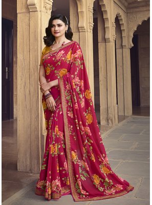 Faux Georgette Abstract Printed Saree in Red