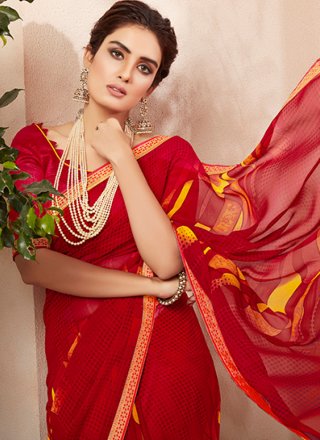 Faux Georgette Abstract Print Red Casual Saree