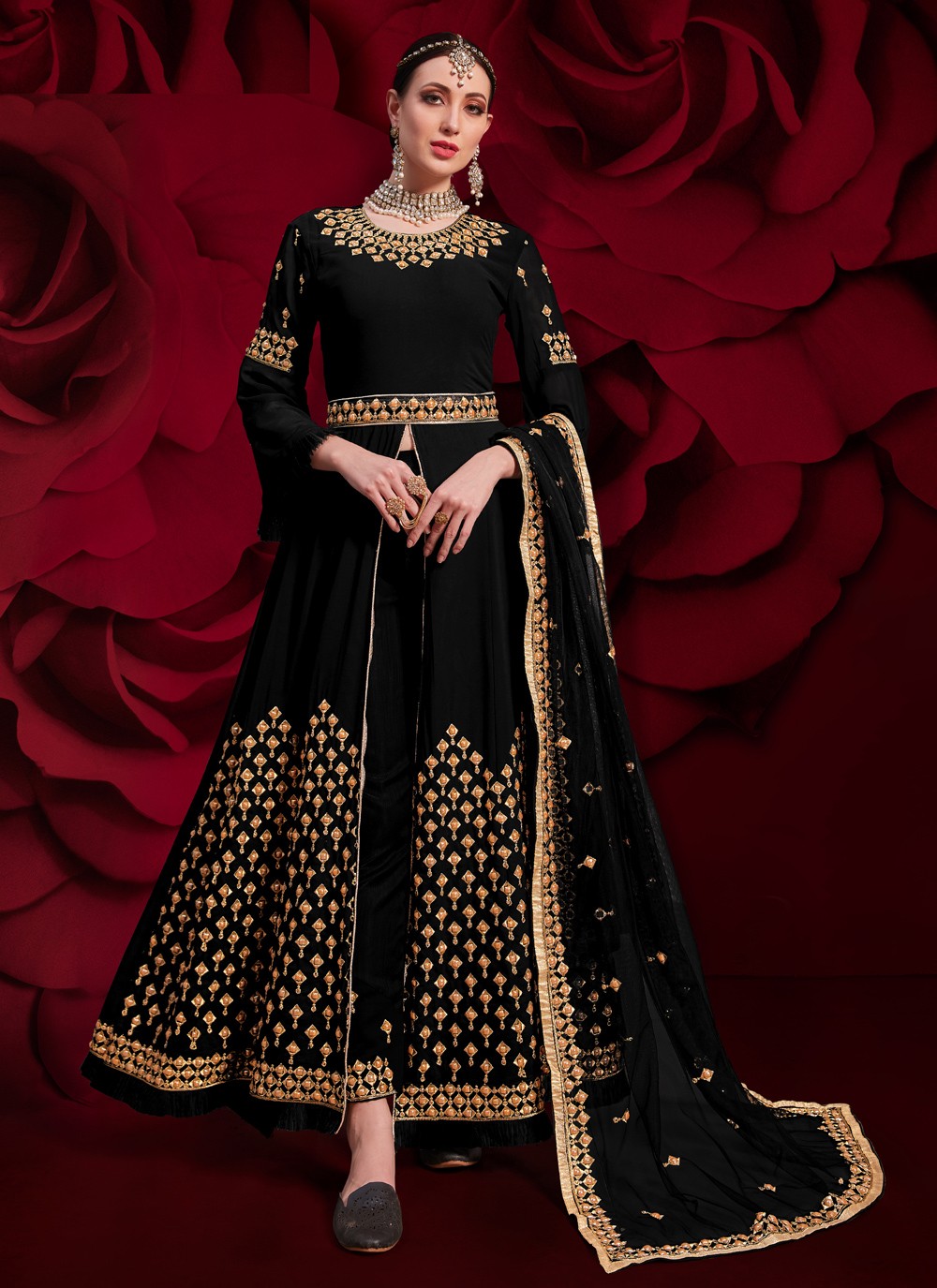Faux Georgette Anarkali Salwar Suit in Black