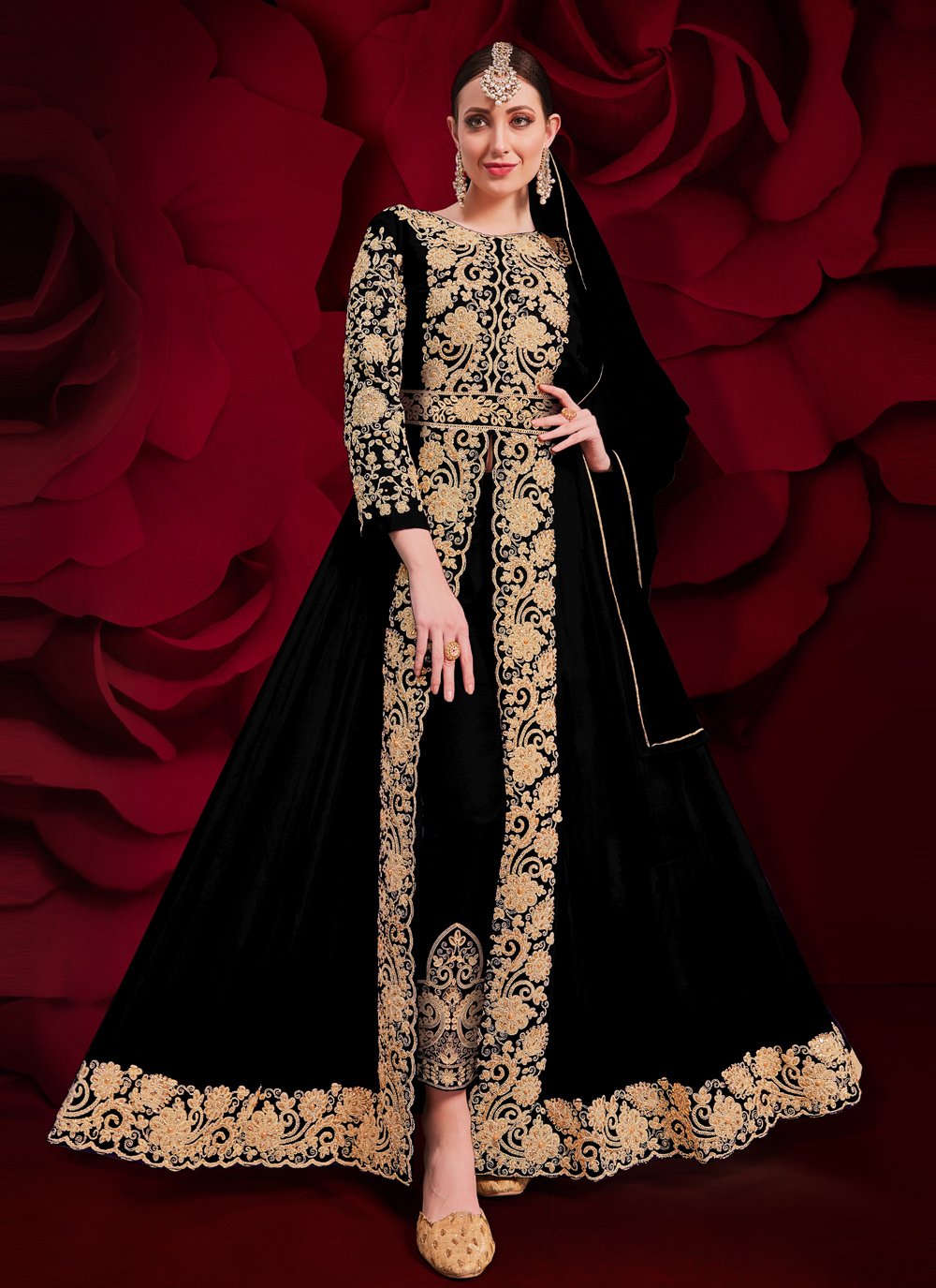 Faux Georgette Black Embroidered Anarkali Suit