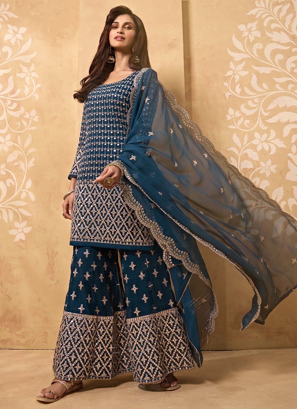 Faux Georgette Blue Embroidered Designer Pakistani Suit